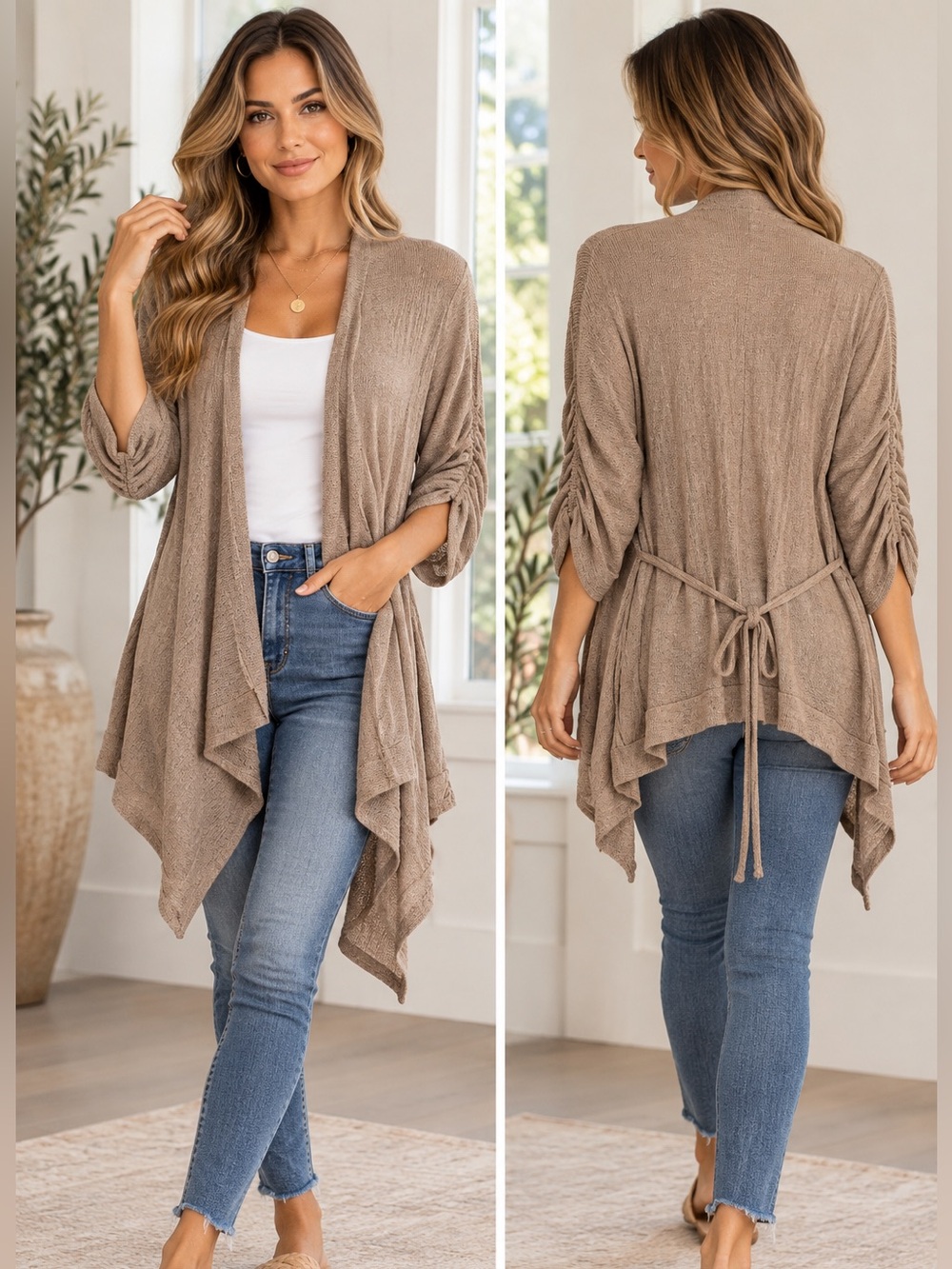 Forever 21 Taupe Draped Open-Front Cardigan with Back Tie